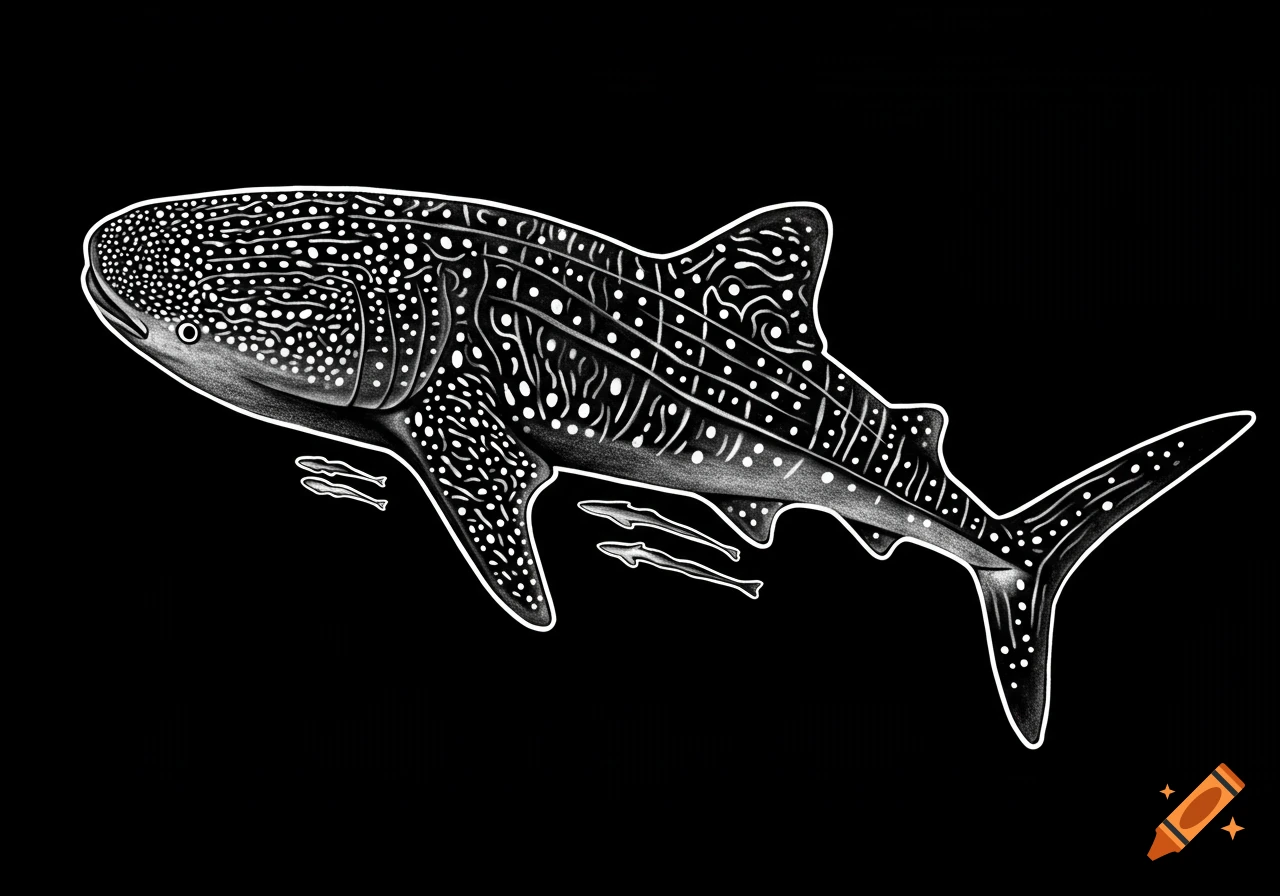 Hand-drawn, black and white tattoo-style illustration of a whale shark with white spots and outline on a black background.