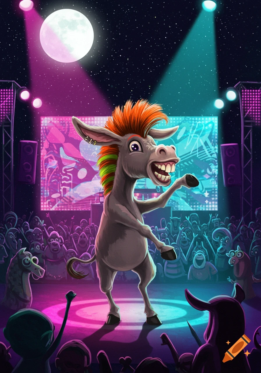 A cartoon donkey with a punk mohawk dances joyfully on a stage under spotlights and a full moon, cheered by a vibrant crowd.