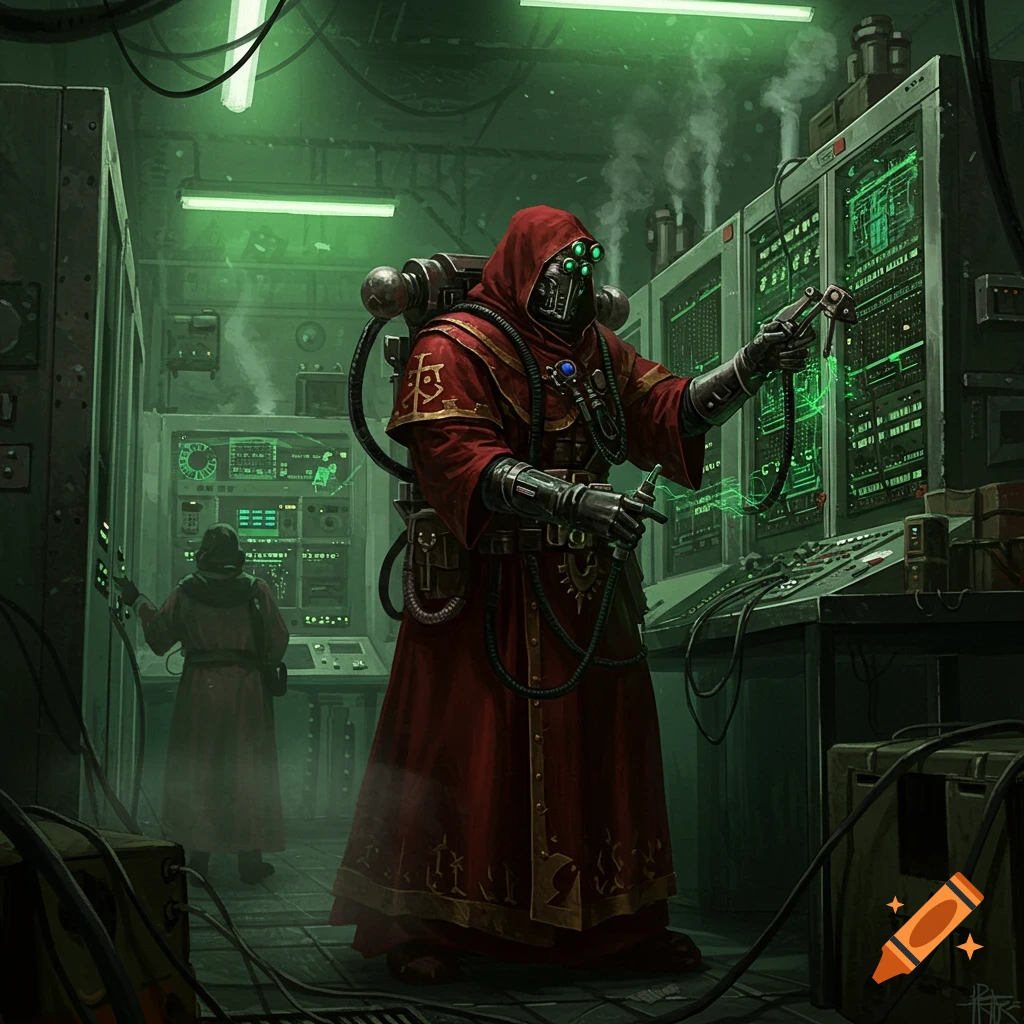 A tech-priest in red robes and a mask works on glowing green computer mainframes in a dimly lit, wired room, with another robed figure in the background.