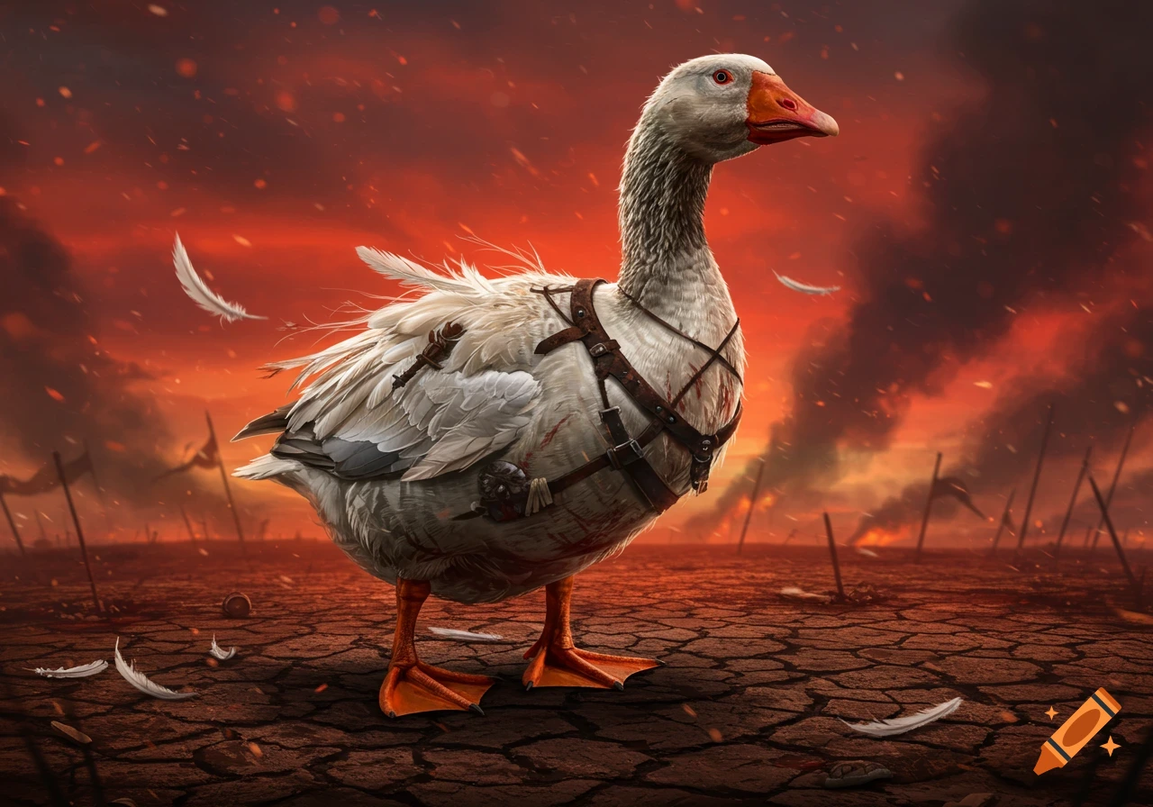 A battle-hardened goose in leather harnesses stands on cracked earth against a fiery red, smoky sky with debris.