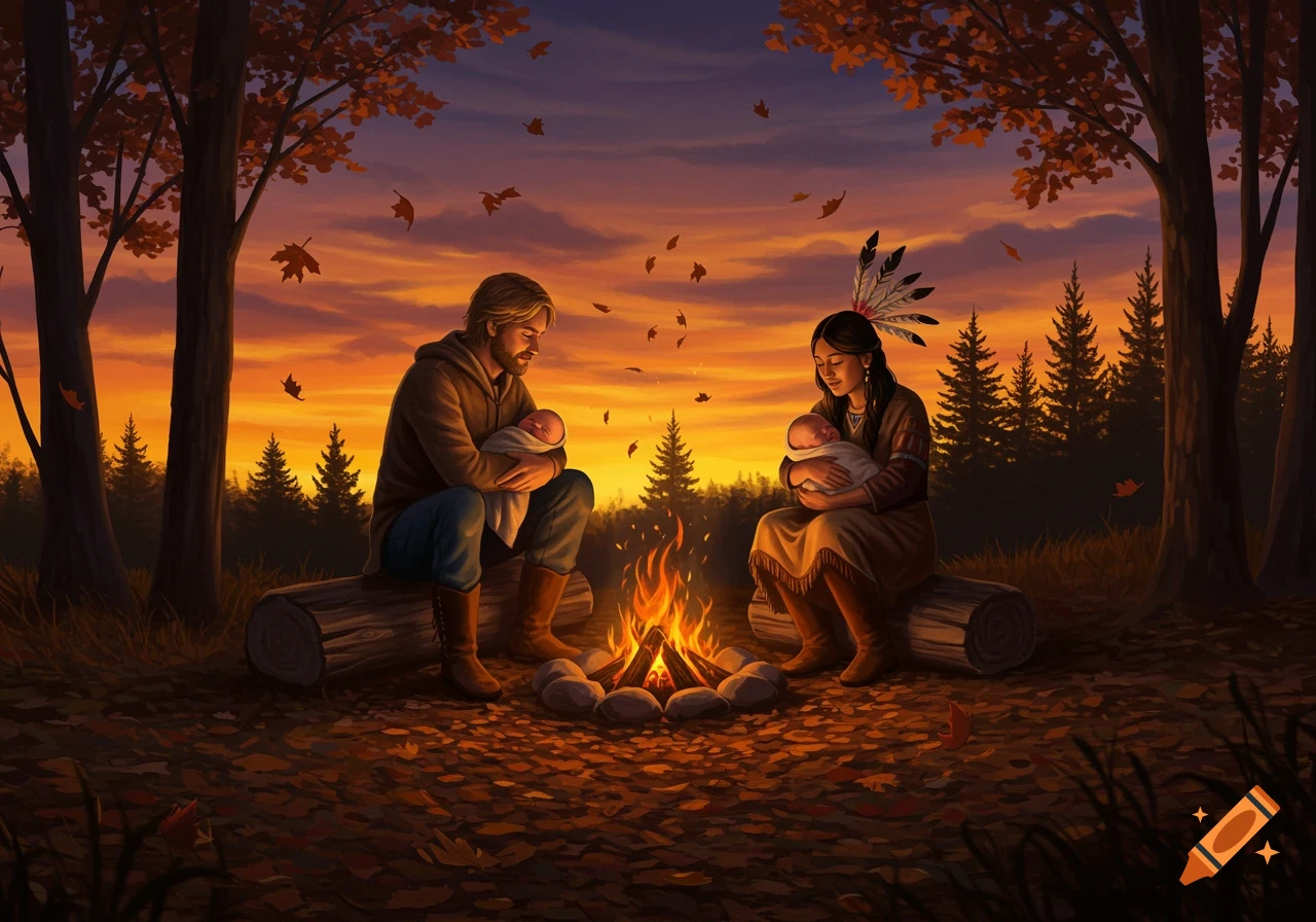 A Caucasian man and a Native woman hold babies by a campfire in an autumn forest at sunset.