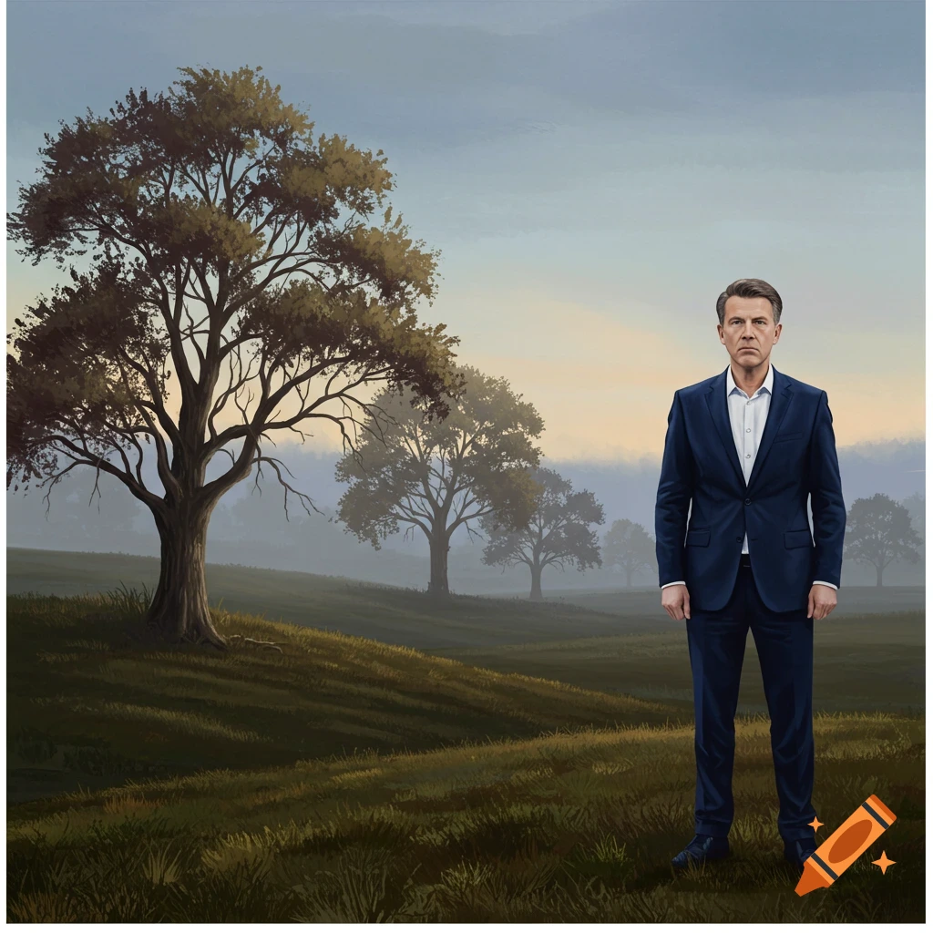 A man in a dark suit stands in a grassy field with large trees and a hazy sky in a painted style.