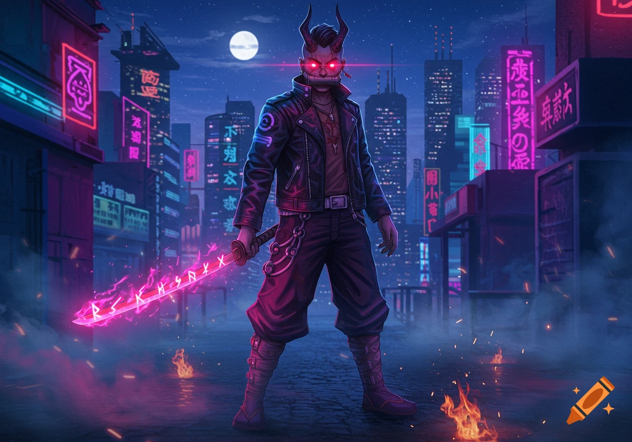 A demon-like character with glowing red eyes and horns stands in a neon-lit cyberpunk city at night, holding a glowing pink sword.