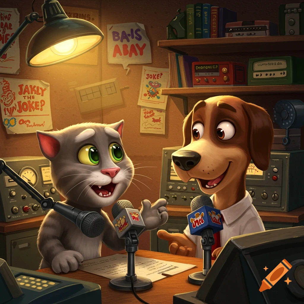 A cartoon cat and a dog, resembling Talking Tom and Ben, sit at a radio studio desk with microphones, smiling.