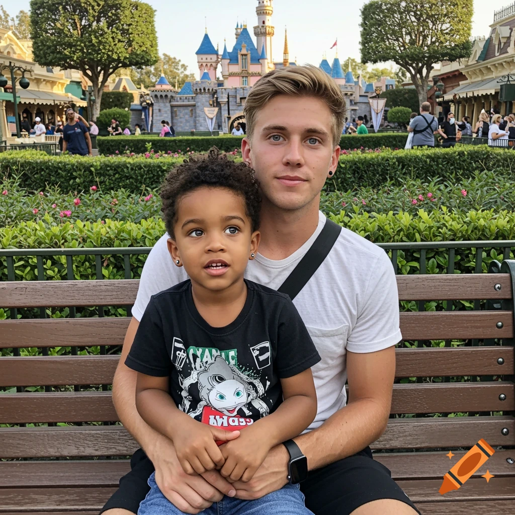 A fair-skinned man and a young Black boy with an afro buzzcut sit on a park bench in front of Sleeping Beauty Castle at Disneyland.