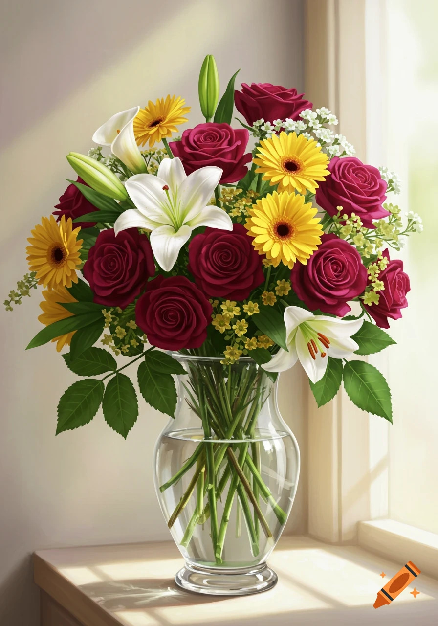 A vibrant bouquet of red roses, yellow gerberas, and white lilies in a clear glass vase, placed on a windowsill with soft light.