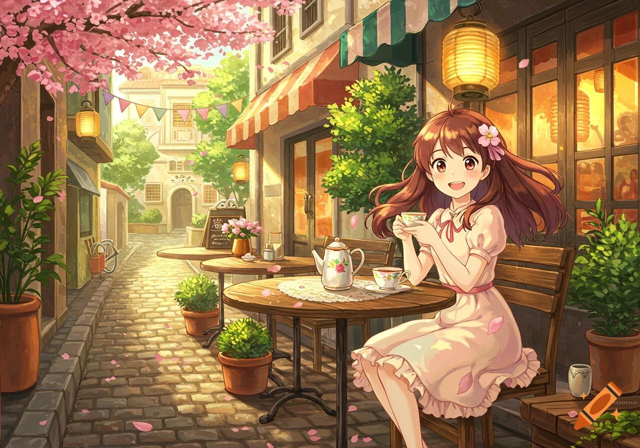 An anime girl with brown hair sits at an outdoor cafe table, sipping tea under pink cherry blossoms on a sunny day.
