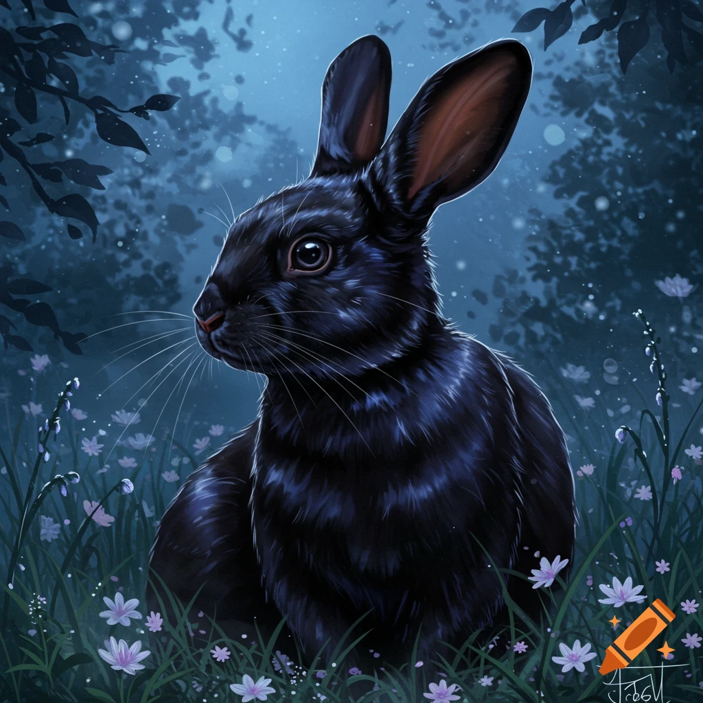 A detailed illustration of a black rabbit with large ears sitting among purple and white flowers in a moonlit forest.