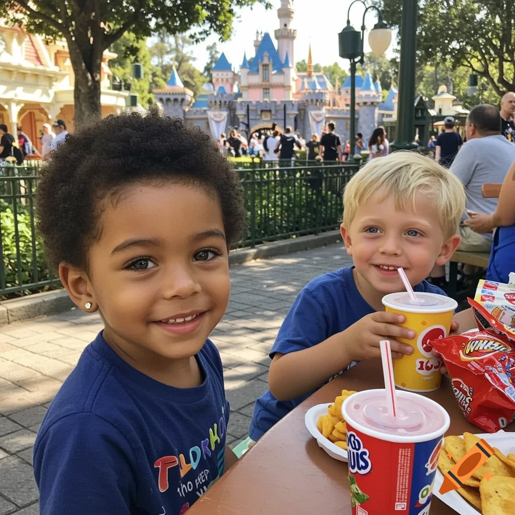 Two young boys smiling at a table with drinks and snacks in front of a Disney castle. One boy has dark curly hair and the other has blonde hair.
