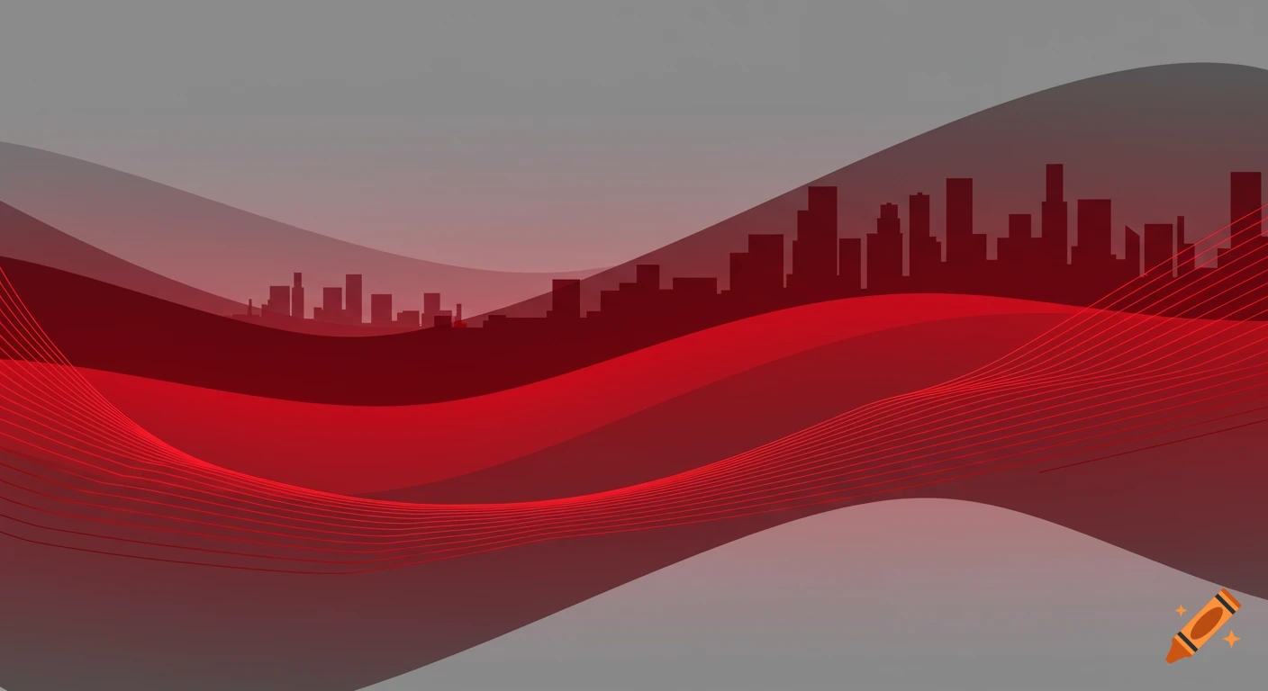 Abstract graphic with a dark red cityscape silhouette against a gray background, overlaid with wavy red lines.