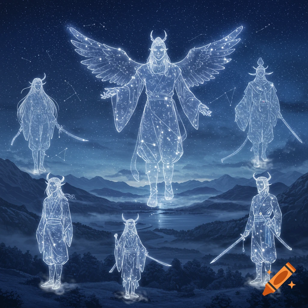 Six celestial, starry figures with horns, wings, and swords against a night sky with mountains and a lake in an anime style.