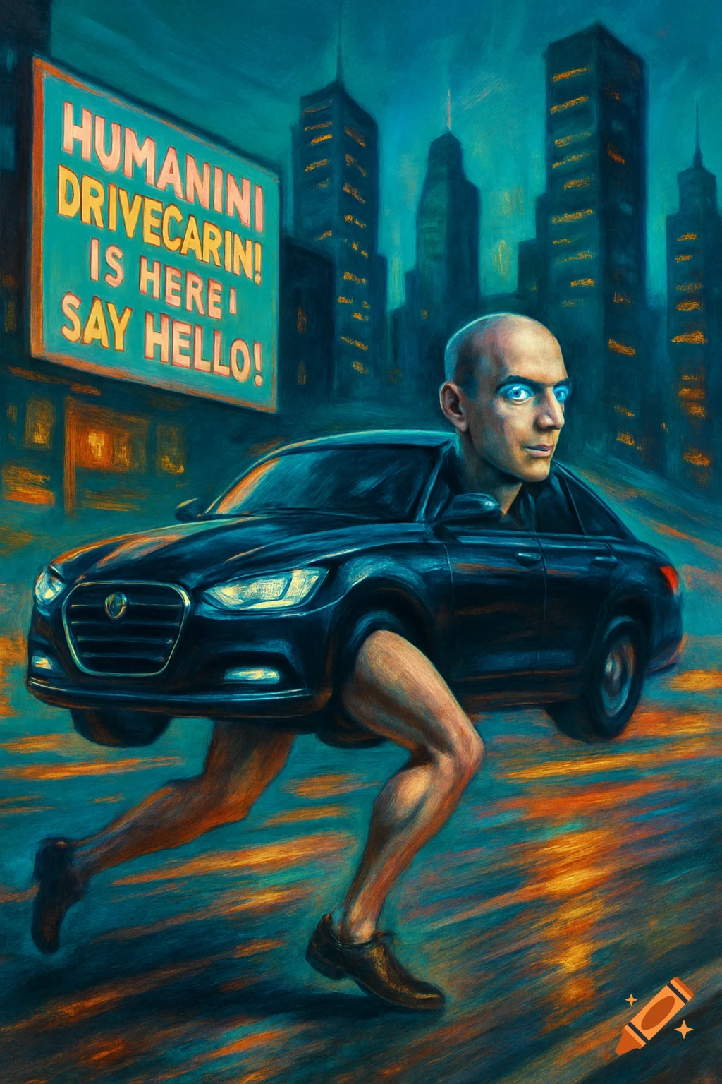 A surreal painting of a black car with human legs running on a wet city street at night, with a bald human head protruding from the front where the engine should be. A billboard in the background reads "HUMANINI DRIVECARIN! IS HERE! SAY HELLO!". Tall buildings rise against a dark blue sky.