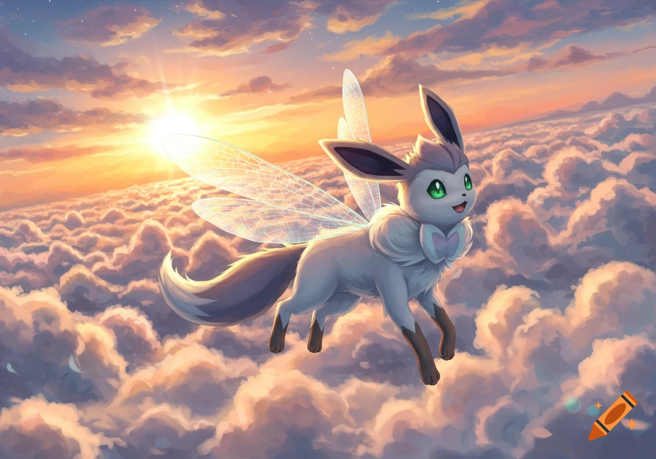 A cute, fluffy, grey fan-made Eeveelution with large ears and dragonfly wings flies above clouds during a vibrant sunset.