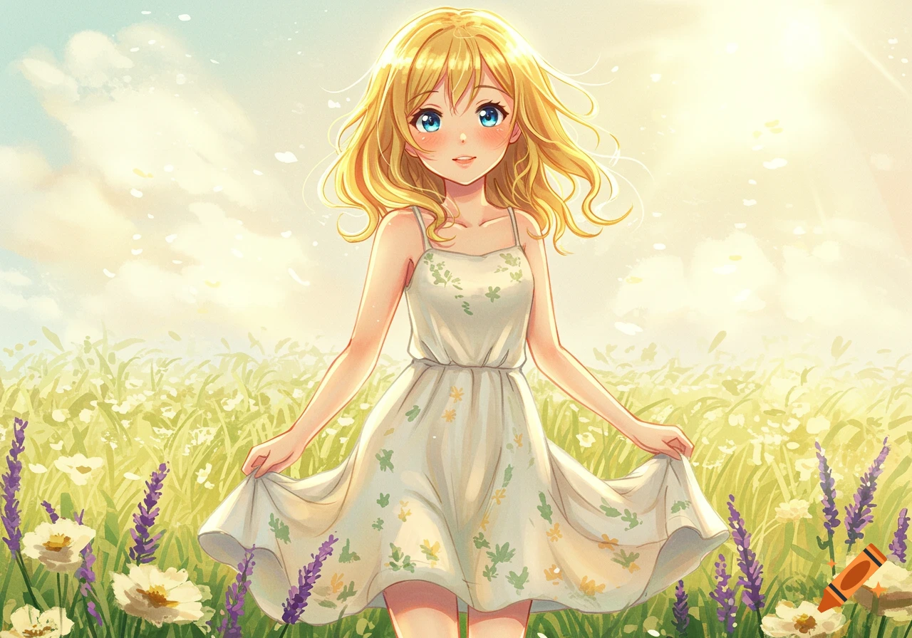 An anime illustration of a smiling blonde girl with blue eyes in a white dress, standing in a sunny field of white and purple flowers.