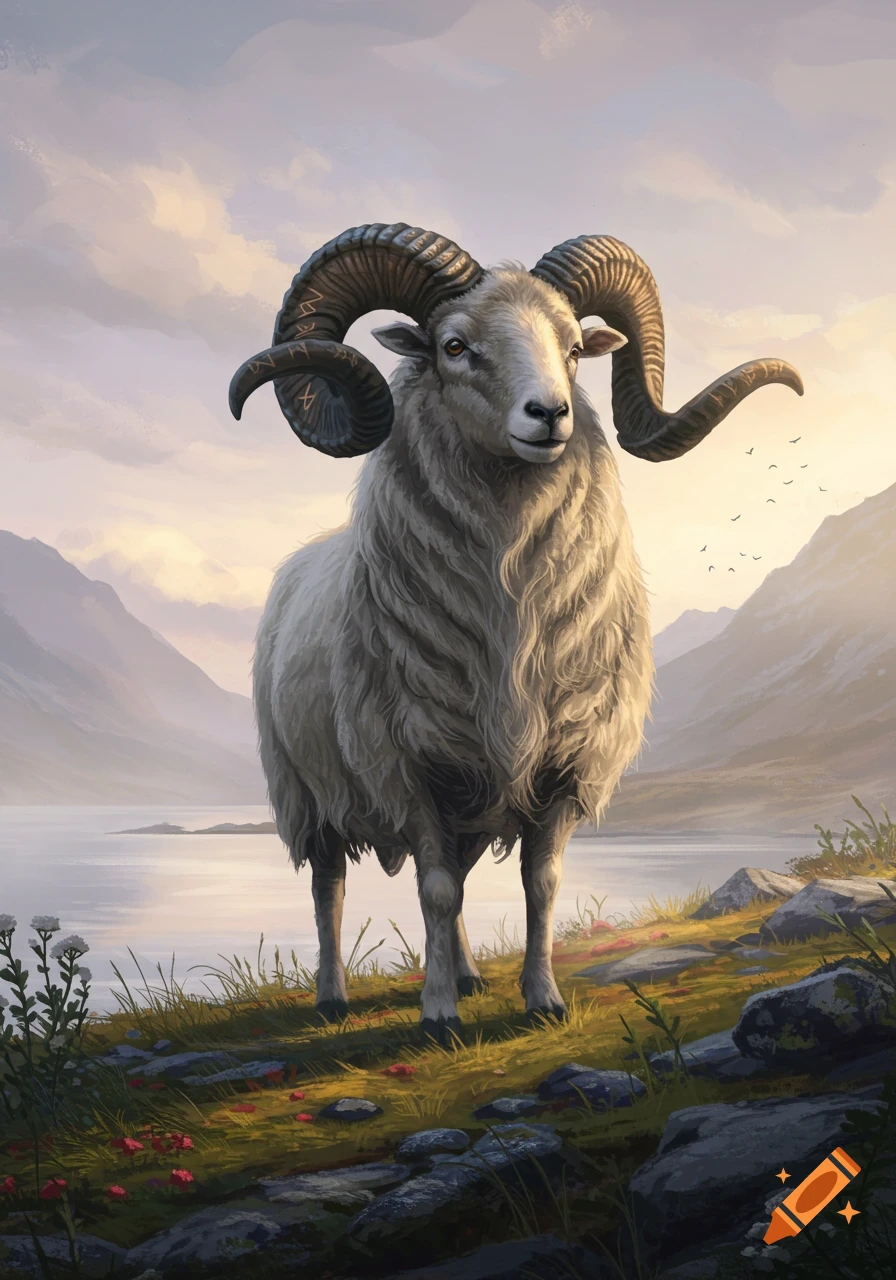 A majestic ram with large curled horns stands on a grassy hill overlooking a lake and mountains under a dramatic sky. Runes adorn its horns.