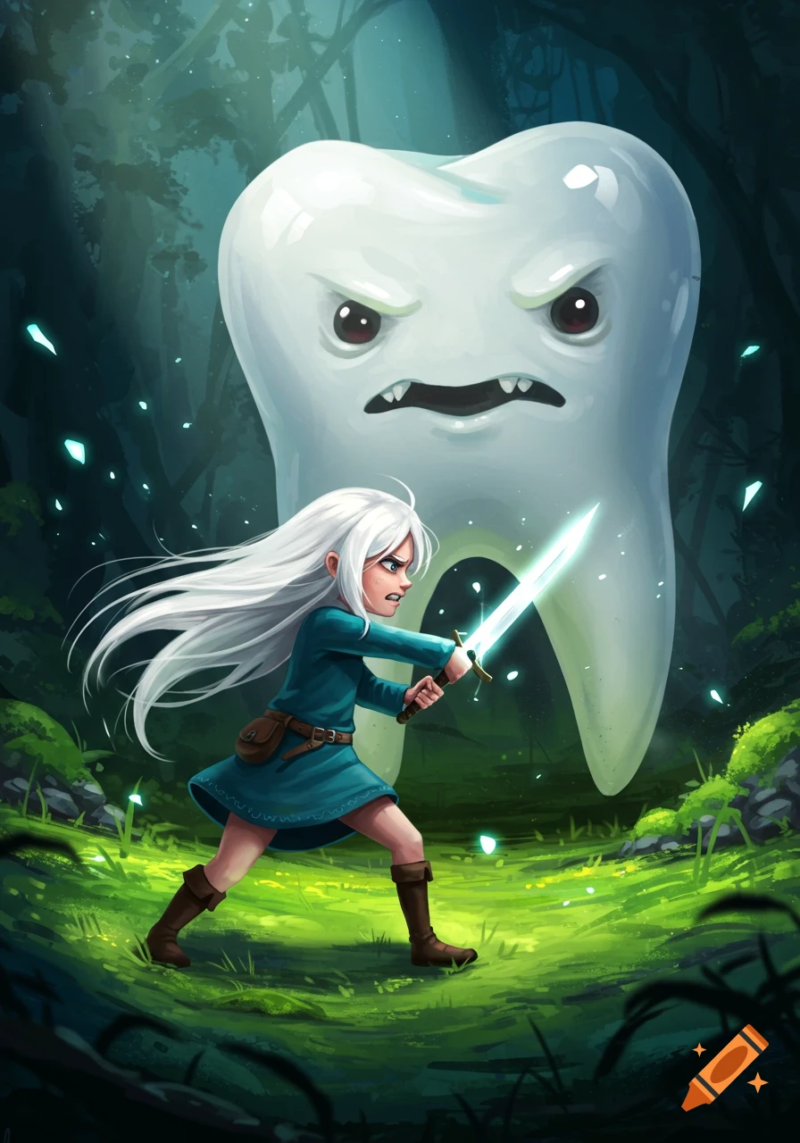 A white-haired girl with a glowing sword fights a giant, angry tooth monster in a dark, magical forest, cartoon style.