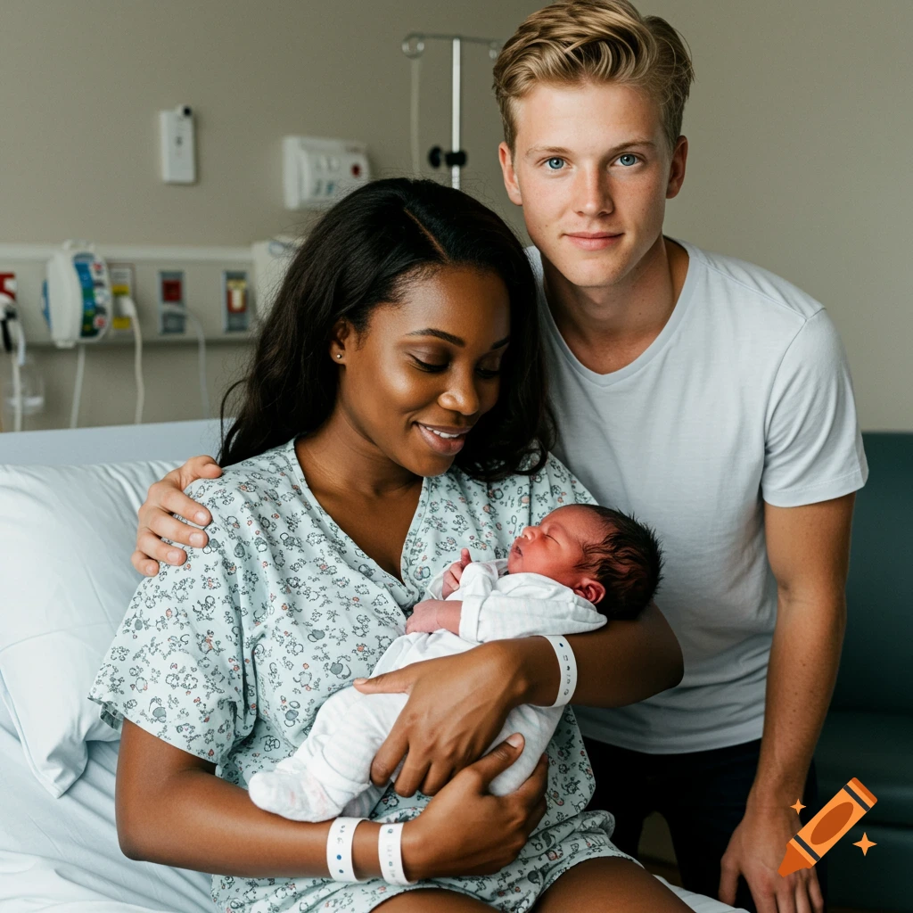Photorealistic image of a new mother holding her newborn baby in a hospital bed, smiling softly while the father stands beside her, looking at the camera.