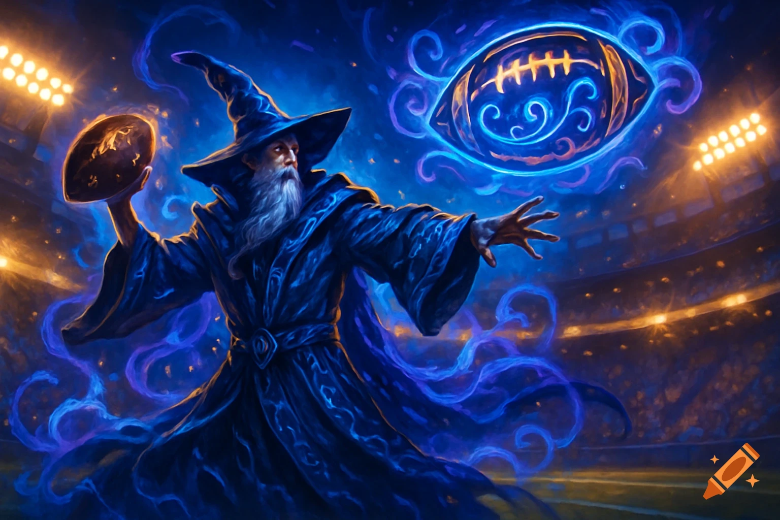 A wizard in a blue robe and pointed hat stands in a stadium, holding a football and conjuring a glowing football with magic, digital art.