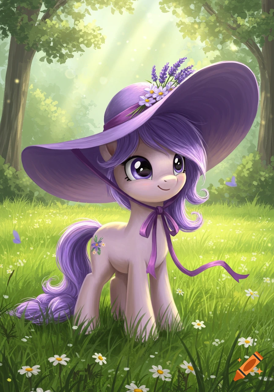 Cute purple pony wearing a large purple hat with lavender and flowers, standing in a sunny green field with daisies and butterflies. Stylized illustration.