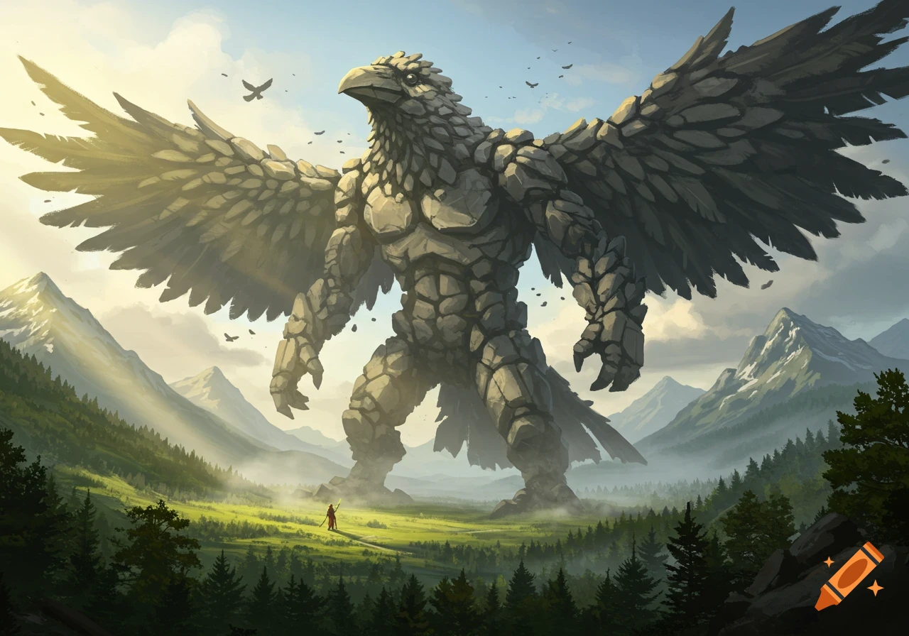 A colossal stone giant, resembling an anthropomorphic crow, stands in a vast green valley surrounded by mountains, with a tiny human figure below.