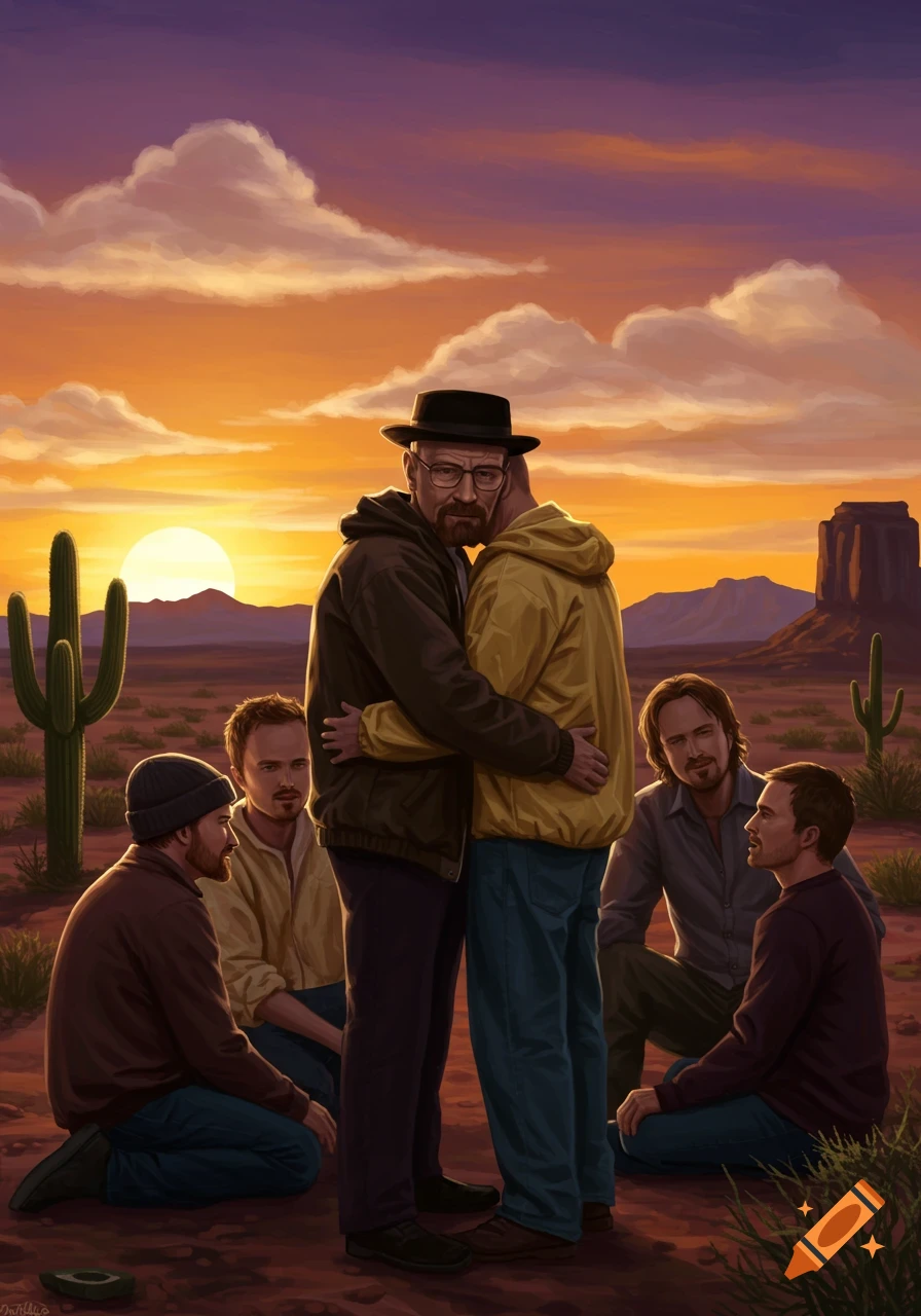 Illustration of Walter White and Jesse Pinkman hugging at sunset in a desert with other Breaking Bad characters.