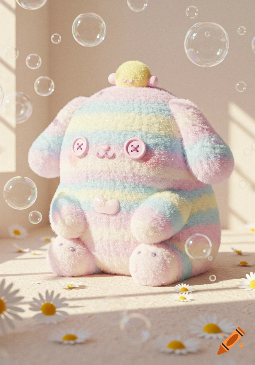 A cute pastel rainbow striped plush toy with button eyes, sitting among white daisies and floating bubbles in soft light.