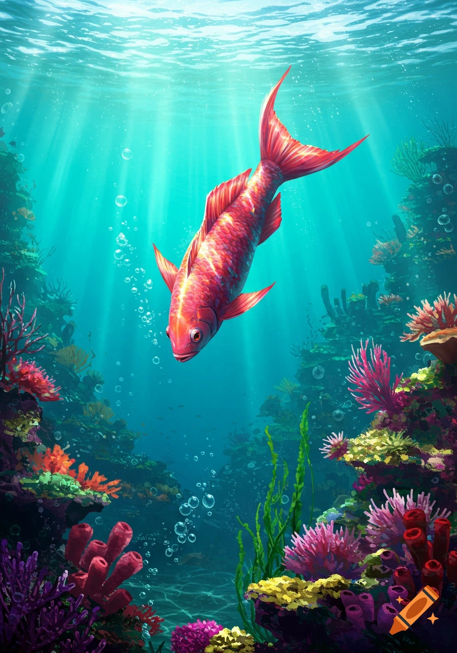 A vibrant red fish swims downwards in a brightly lit underwater coral reef scene, with sun rays piercing the turquoise water.