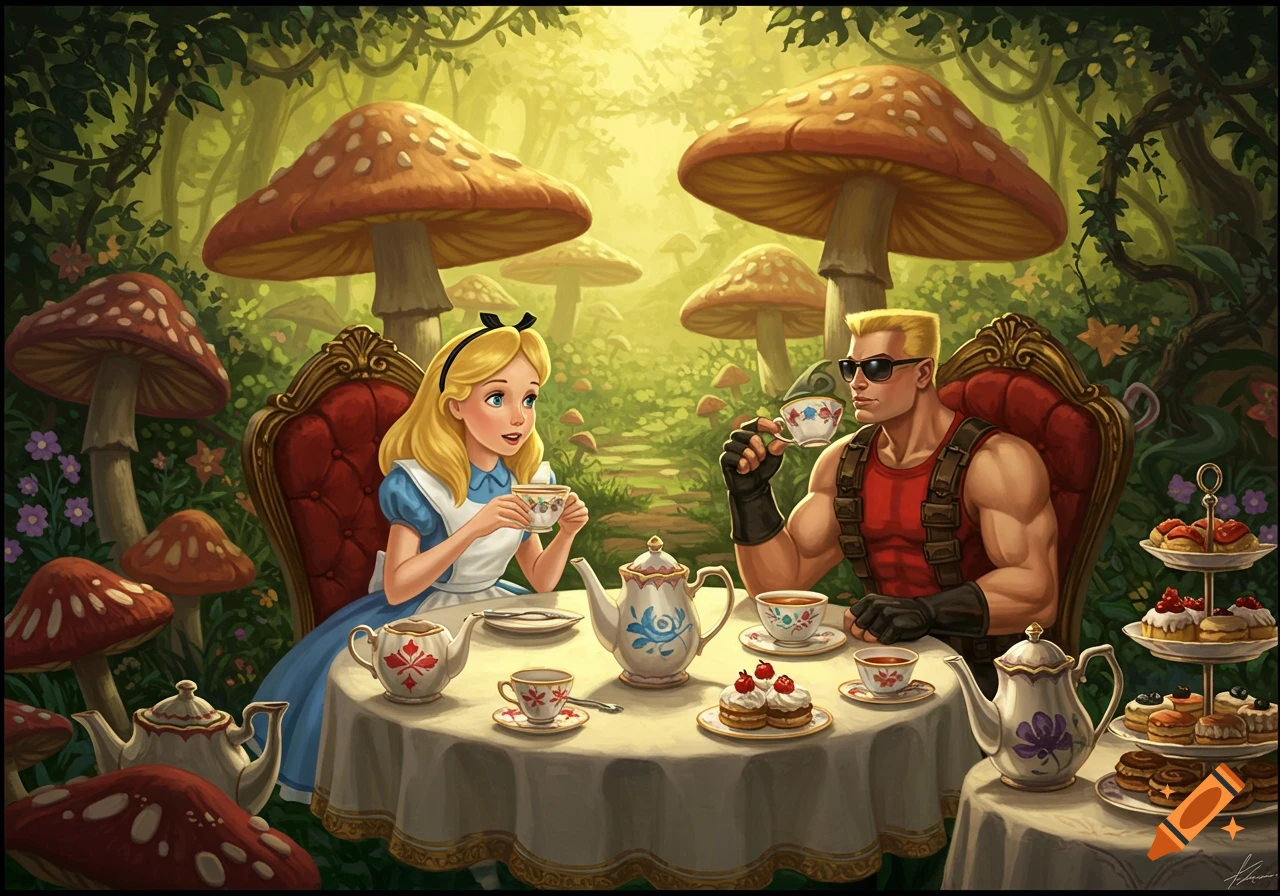 Alice in Wonderland and Duke Nukem have a tea party in a vibrant, mystical mushroom forest, illustrated.