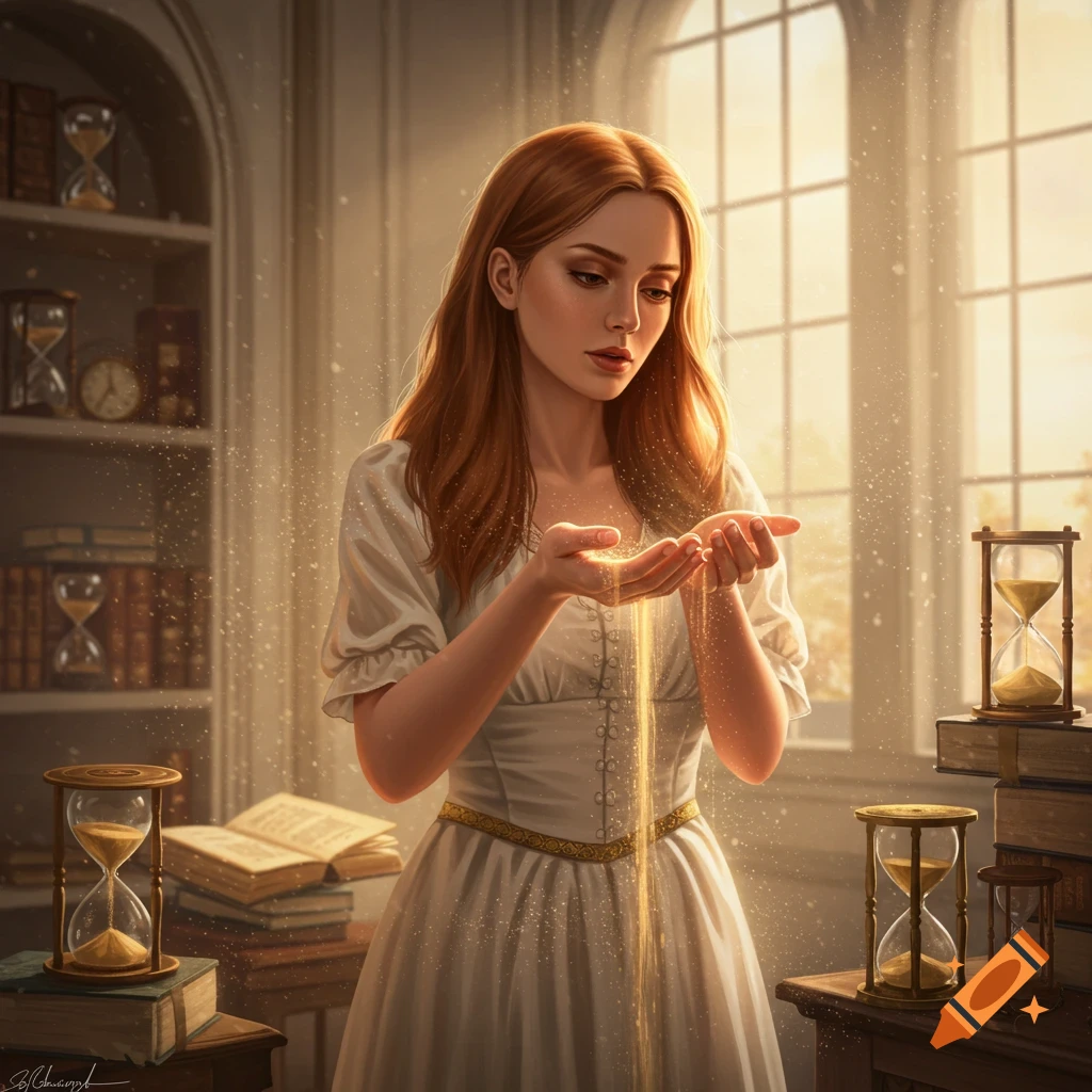 A woman in a white dress holds glowing sand that flows between her hands in a sunlit room filled with hourglasses and books, depicting a magical scene.