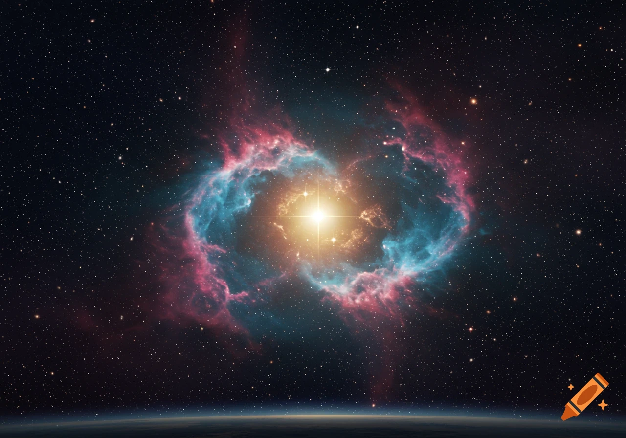 A vibrant cosmic nebula glowing with blue, pink, and orange hues, surrounded by countless stars in deep space, with a curved planet's horizon at the bottom.