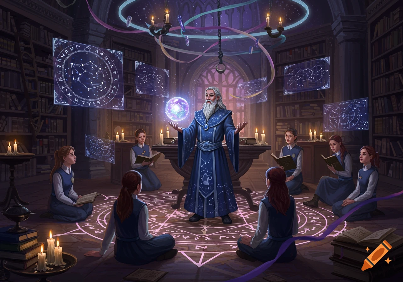 An old wizard in a blue robe teaches young students in a candlelit library, surrounded by floating holographic constellation charts and a glowing magical orb.
