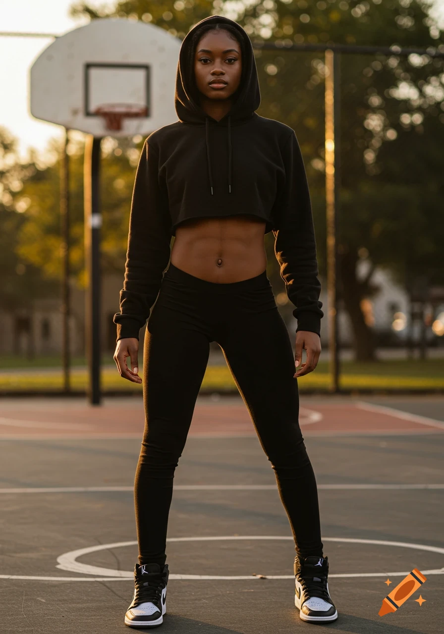 A fit African American woman in a black cropped hoodie, black leggings, and Jordans stands on an outdoor basketball court at sunset.