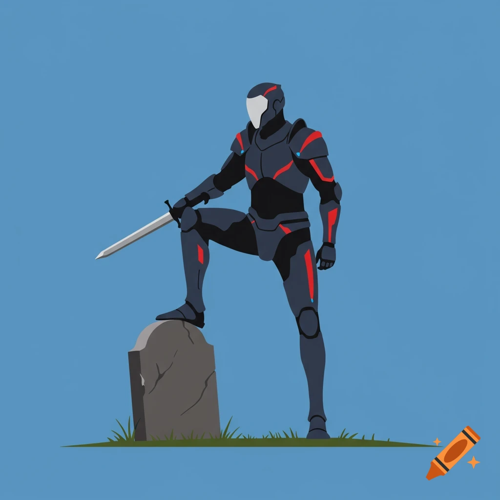 A futuristic warrior in dark armor with red and blue accents, holding a sword, stands with a foot on a gravestone in a simple clipart style.