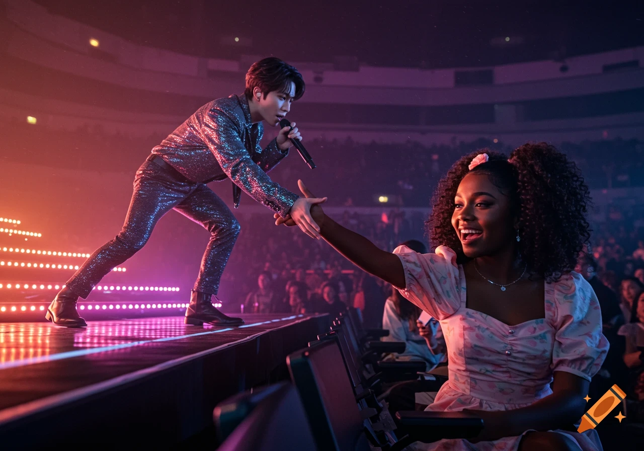 A K-pop male singer on stage reaching out to a young Black woman in the audience at a concert.