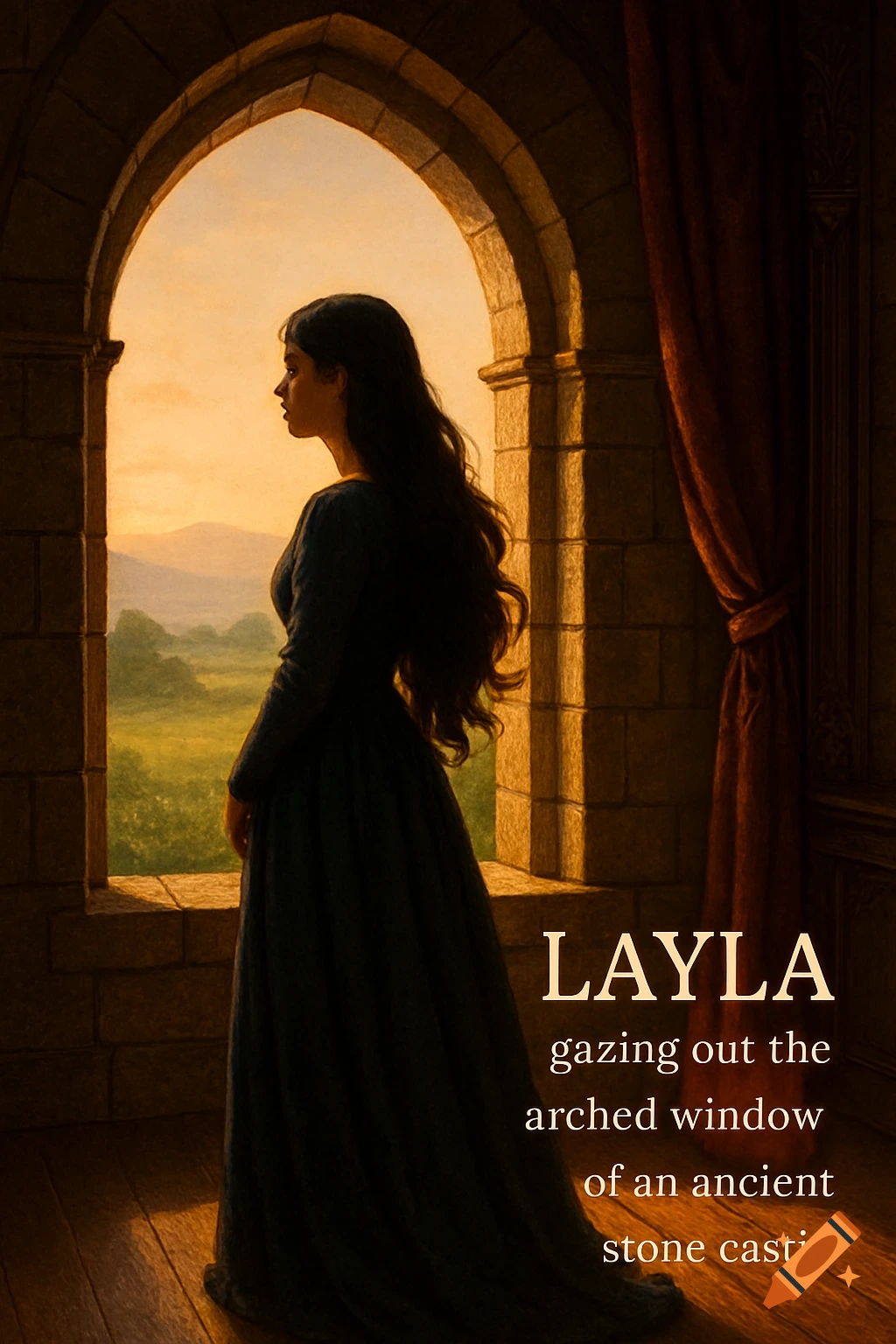 An illustration of a woman named Layla looking out an arched window from inside a stone castle at a landscape.