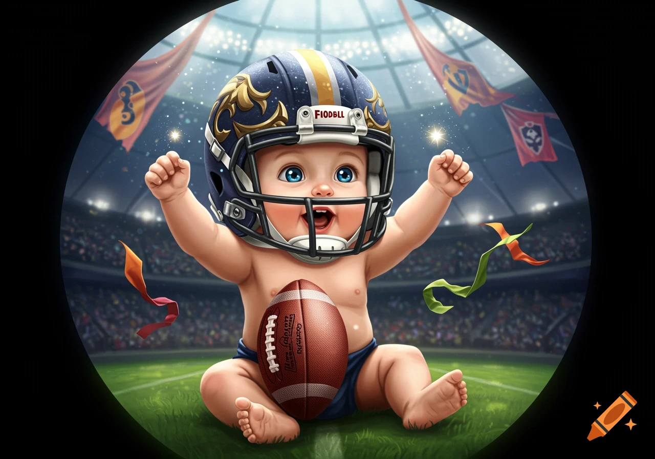 An adorable baby wearing a football helmet and blue shorts, holding a football, sits on a green field in a stadium with its arms raised in celebration. The scene has a detailed, illustrative style.