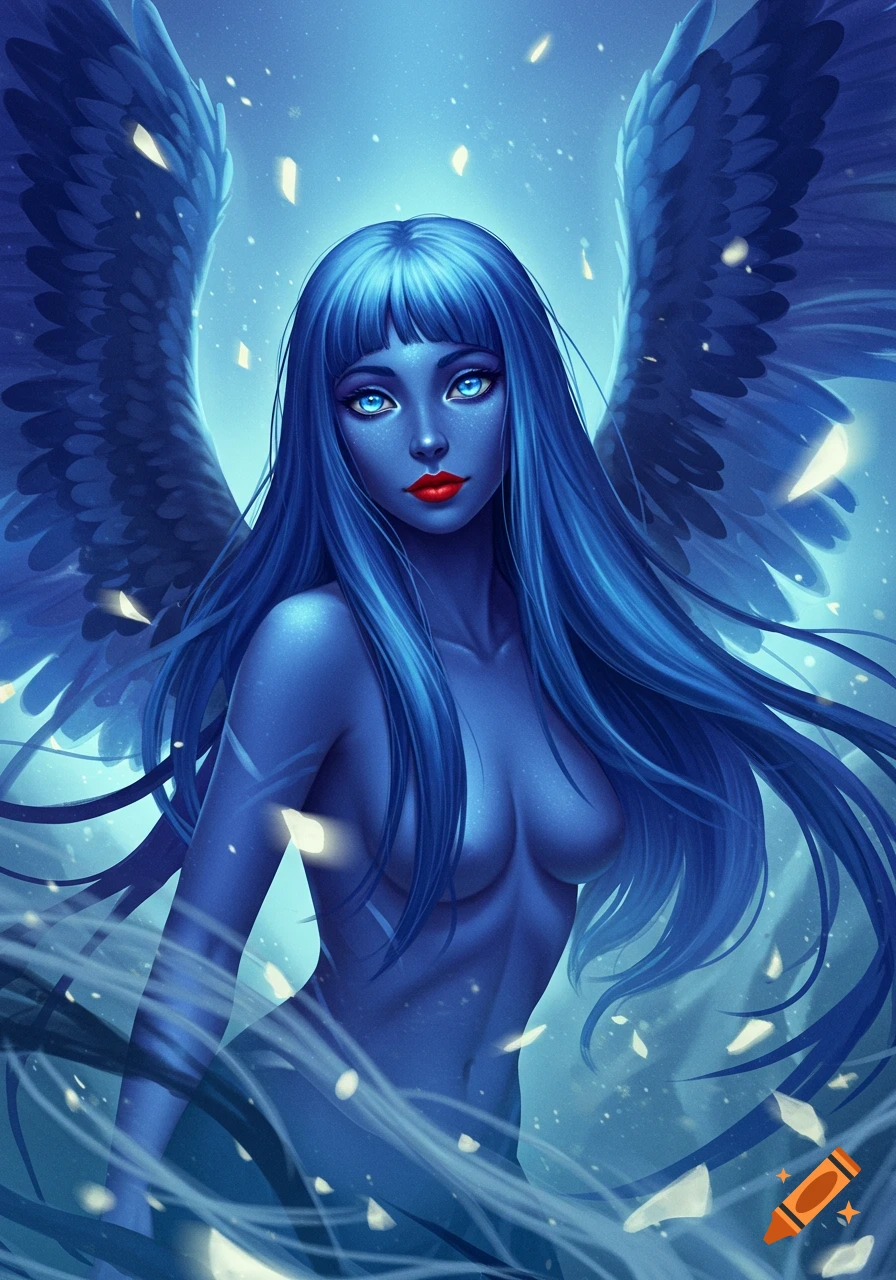Stylized illustration of a blue-skinned woman with large blue wings, long blue hair, light blue eyes, and red lips, amidst glowing particles.
