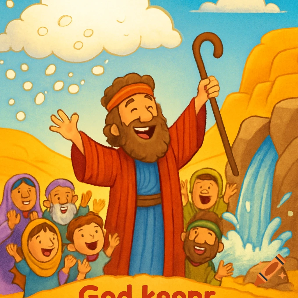 Joyful cartoon illustration of Moses raising his staff as water gushes from a rock and manna falls from the sky, with happy people around him in a desert.