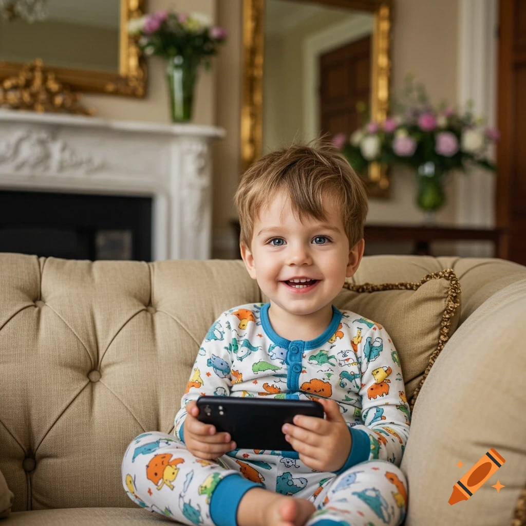 A smiling young boy in colorful pajamas sits on a couch, holding a smartphone in a luxurious living room.