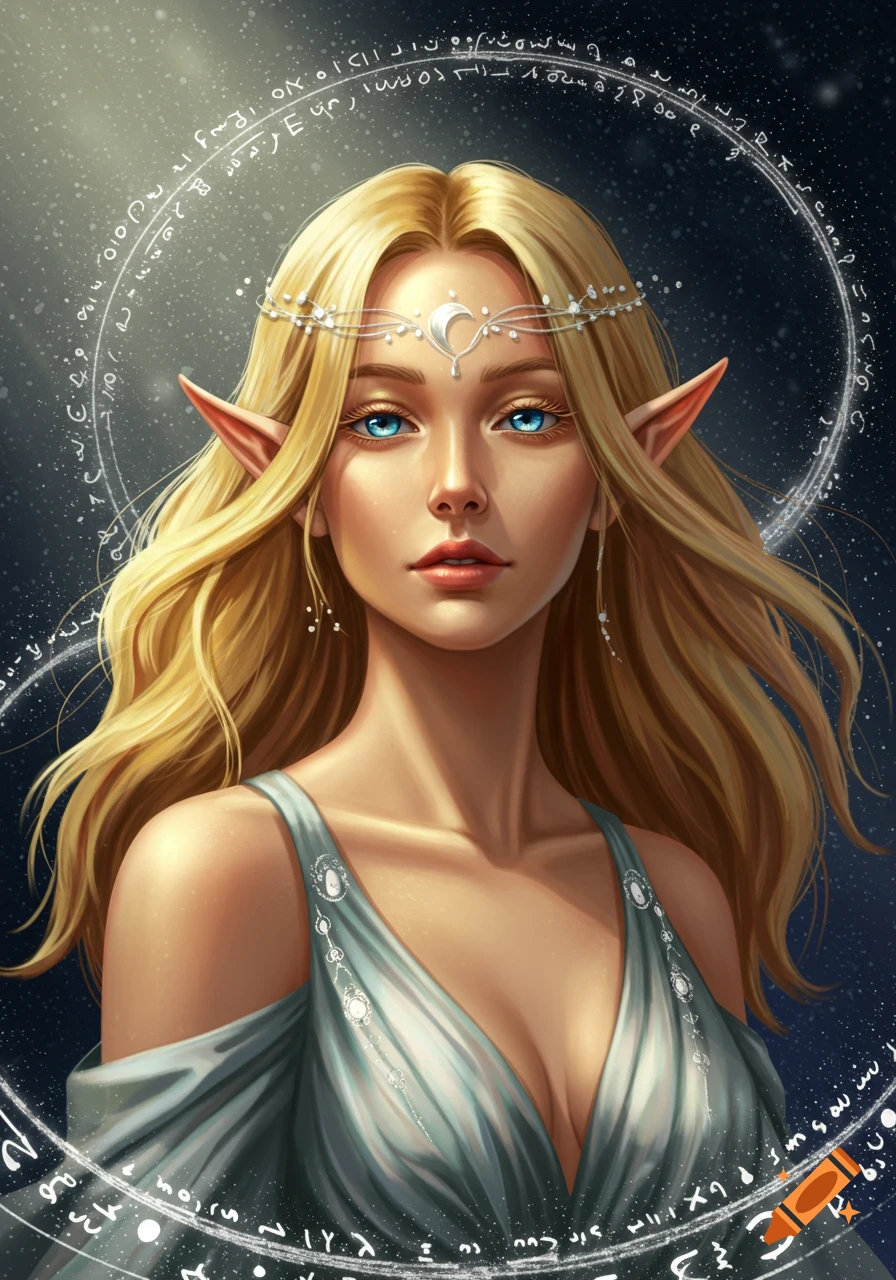 Digital painting of a beautiful blonde elf woman with blue eyes, pointed ears, wearing a moon diadem and a light blue dress, surrounded by glowing runic symbols.
