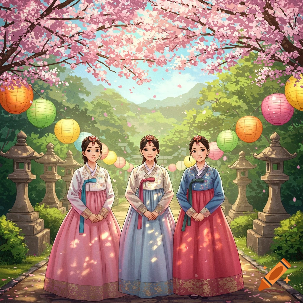 Illustration of three Korean girls in colorful hanbok standing under cherry blossom trees in a park with lanterns.