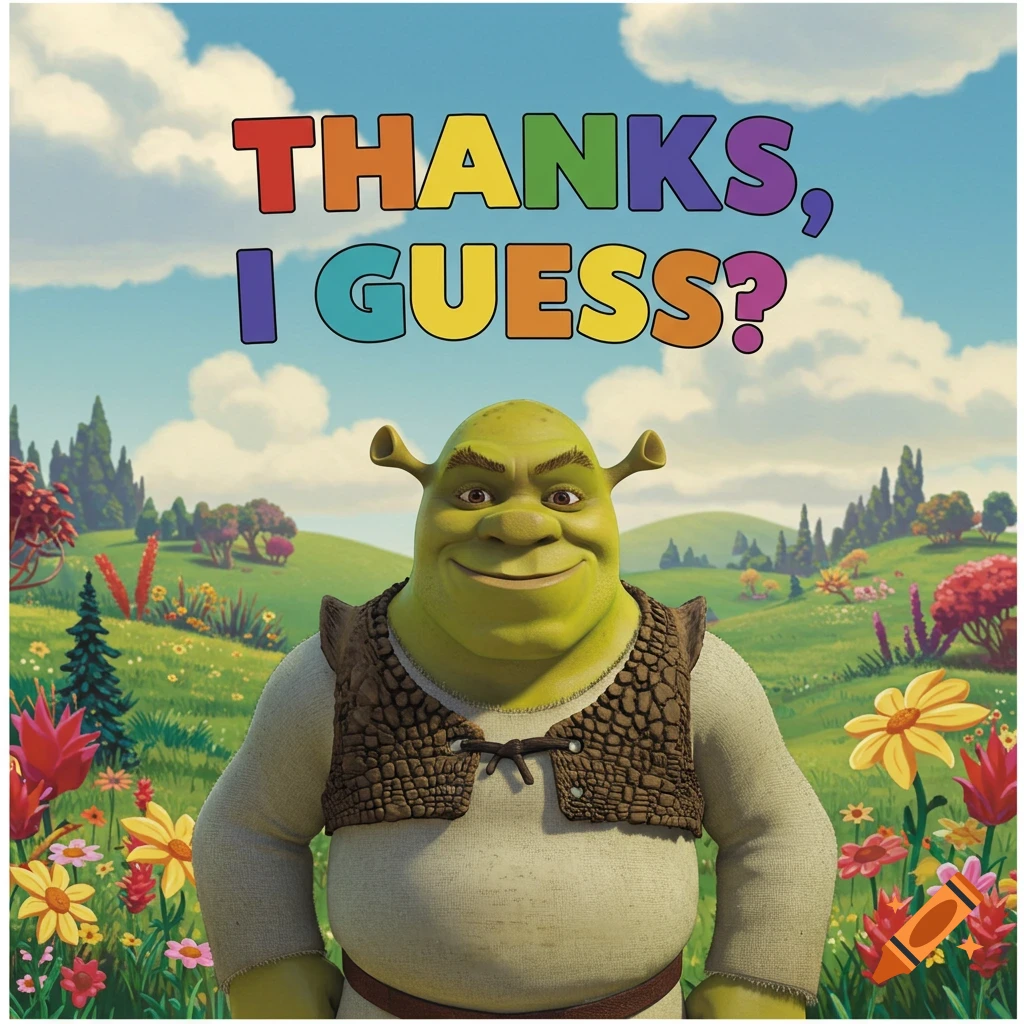 Shrek in a colorful field under rainbow text saying 'THANKS, I GUESS?'