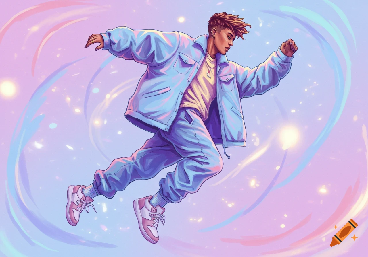 A person with short, spiky hair in an oversized light blue jacket and pants, and pink sneakers, leaps against a pastel purple and blue background with glowing orbs.