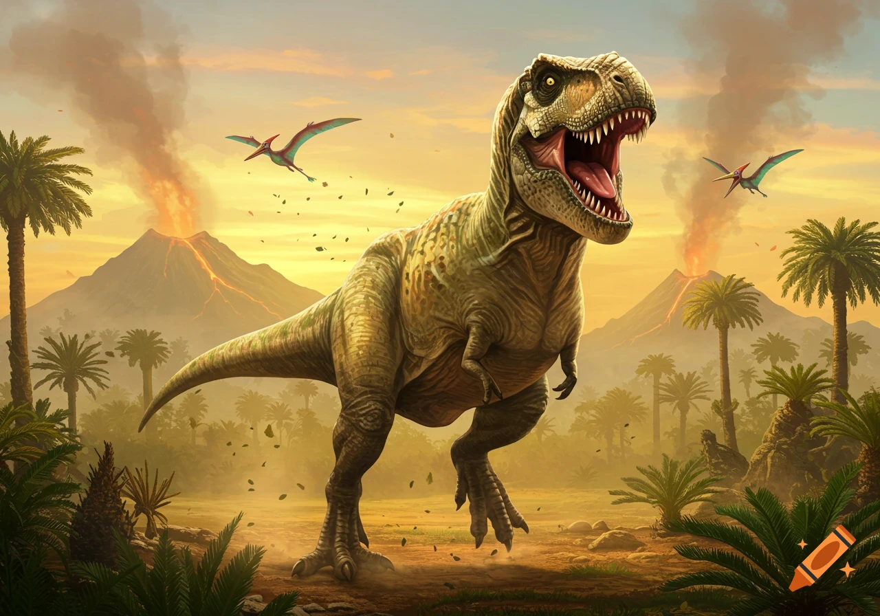 A realistic T-rex roars in a prehistoric landscape with erupting volcanoes, palm trees, and pterodactyls flying under a sunset sky.