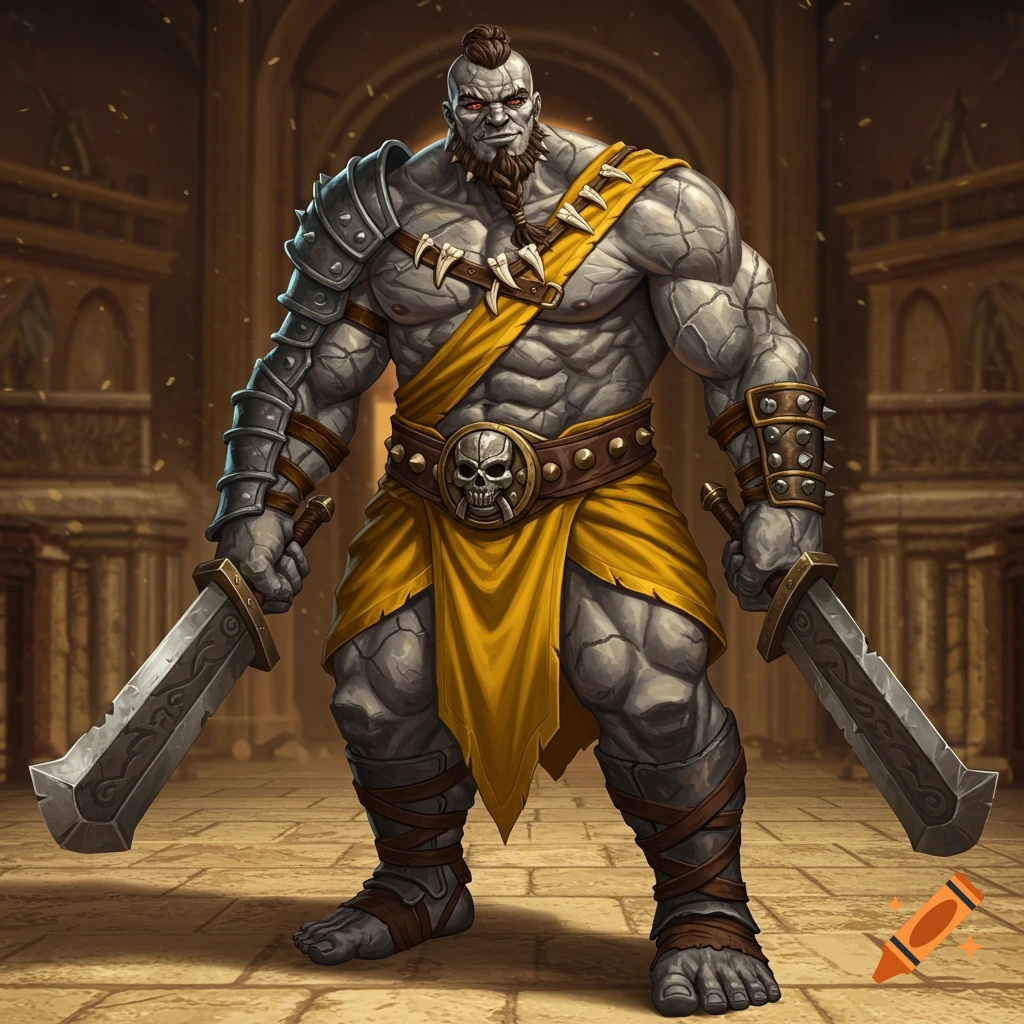 A muscular Goliath gladiator with stone-like skin, wearing yellow cloth, armor, and wielding two broadswords in a fantasy illustration style.