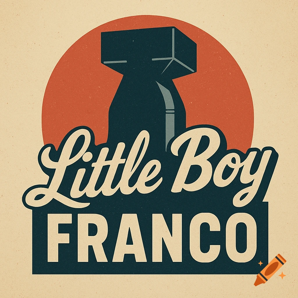 A retro 1950s graphic logo featuring a dark atomic bomb silhouette against a red circle, with 'Little Boy' and 'FRANCO' text below.