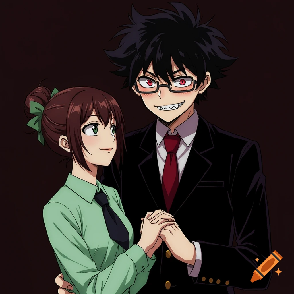 An anime couple, a man with fanged teeth and glasses in a suit, and a woman with a bun in a green shirt, holding hands.
