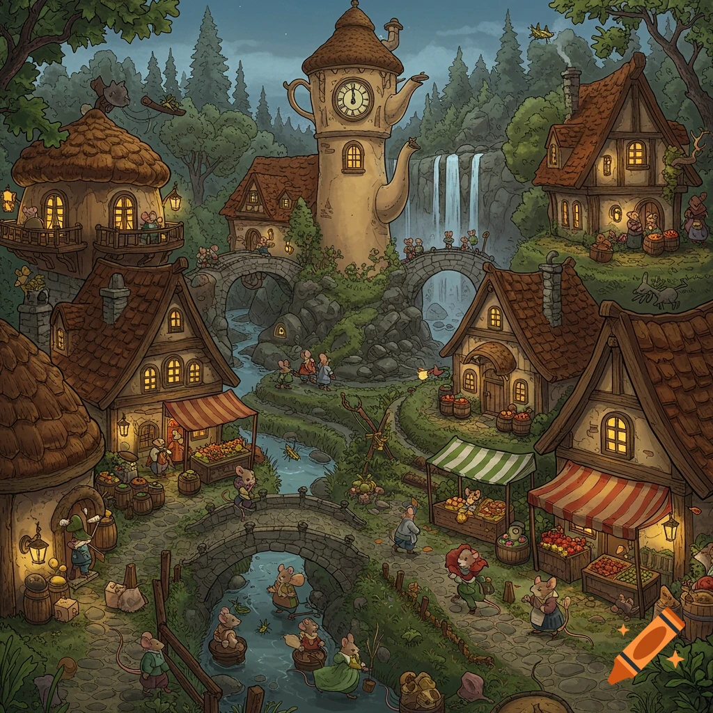 A charming, detailed illustration of a whimsical mouse village with a teapot clock tower, market stalls, houses, bridges, and mice.