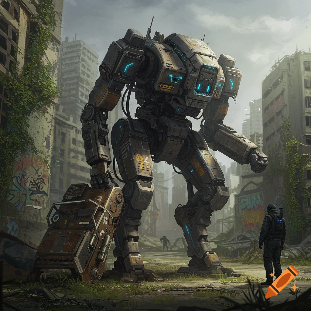A huge, weathered mech with glowing blue lights stands in a destroyed city street, looking at a lone human. Photorealistic style.