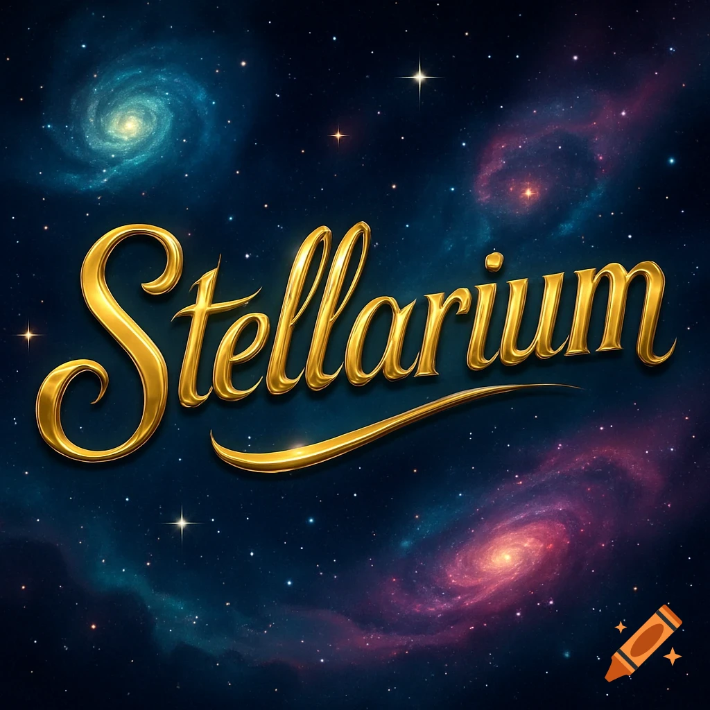 Shiny golden script of 'Stellarium' against a dark blue space background with colorful galaxies and stars.